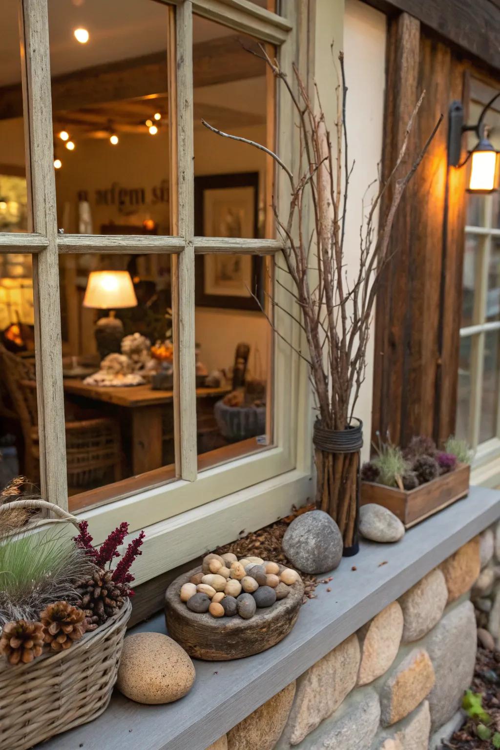 Natural elements create an earthy charm in this window presentation.