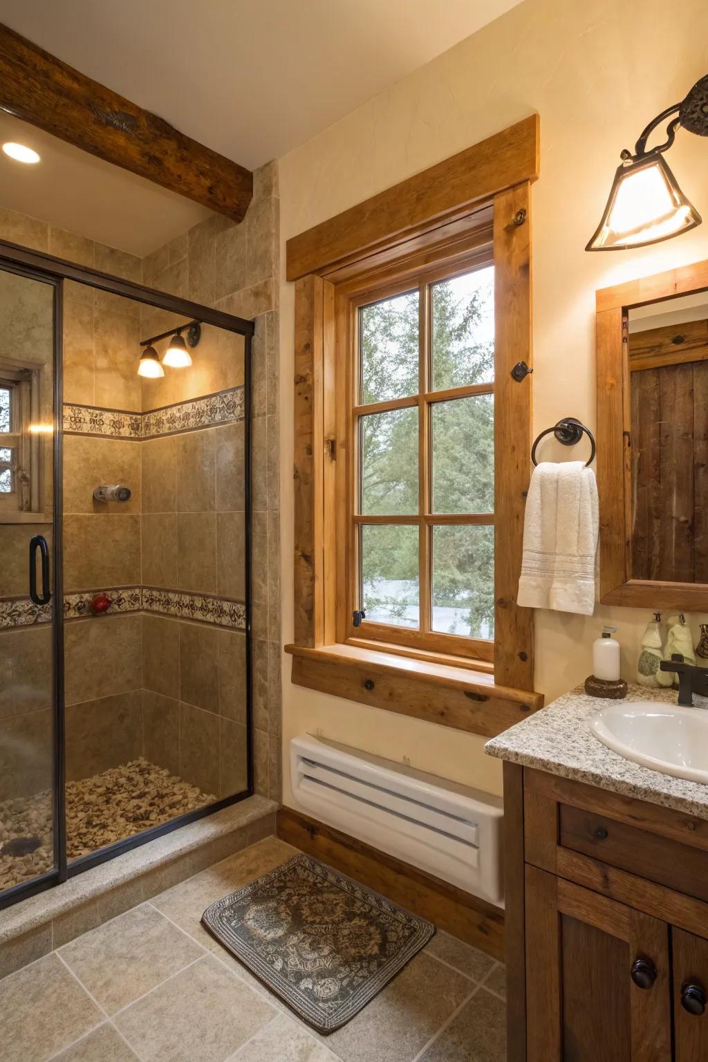 A wooden frame around a window enriches the shower with rustic allure.