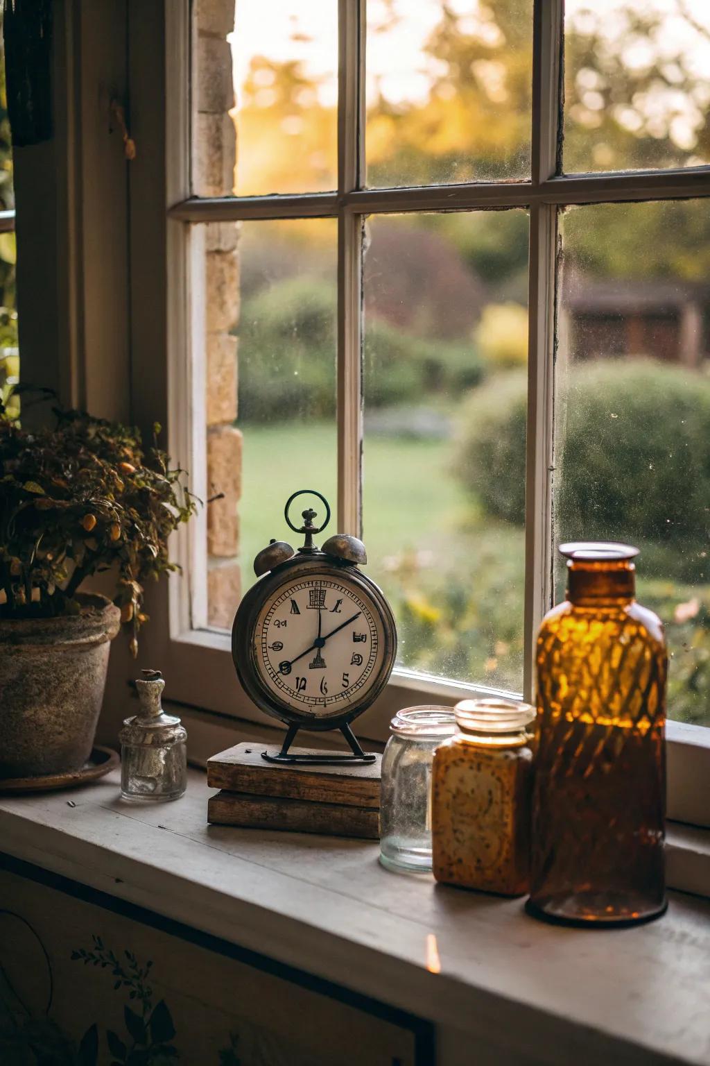 Vintage decor items bring nostalgia to this windowsill.