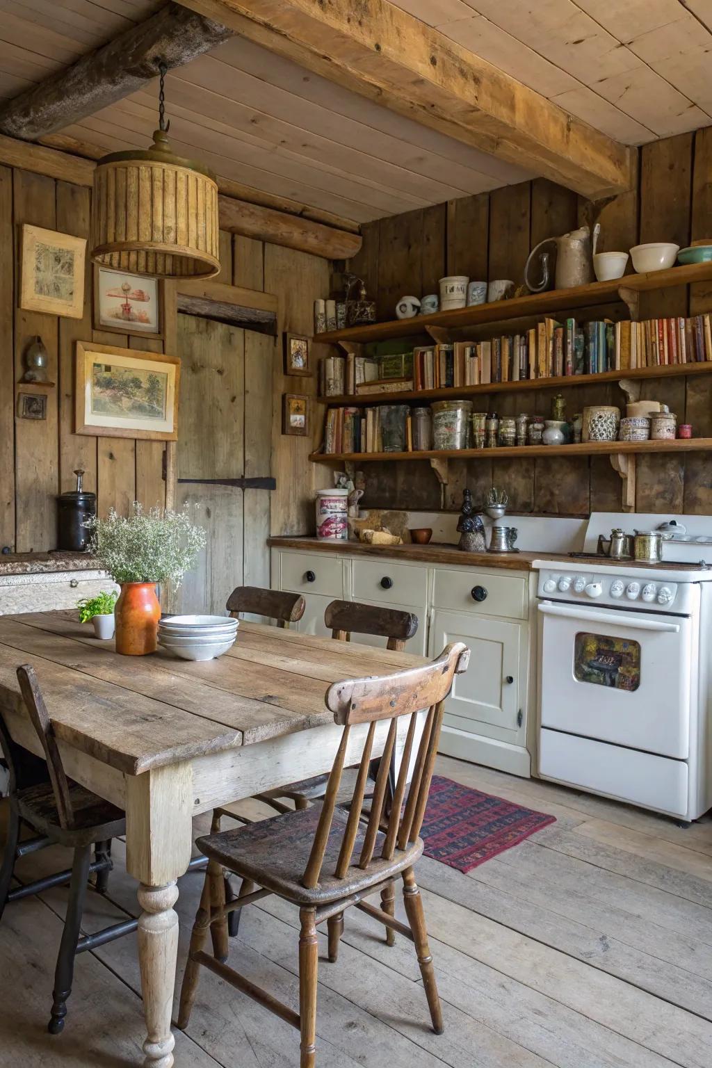Reclaimed wood paneling adds rustic charm.