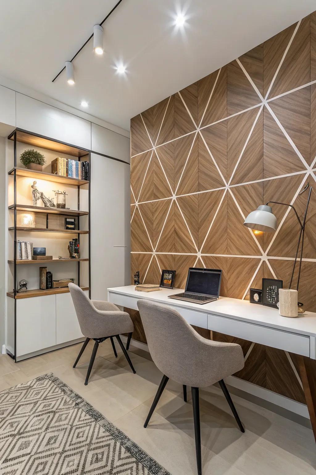 A modern study showcasing a geometric wood pattern that brings an edgy touch.