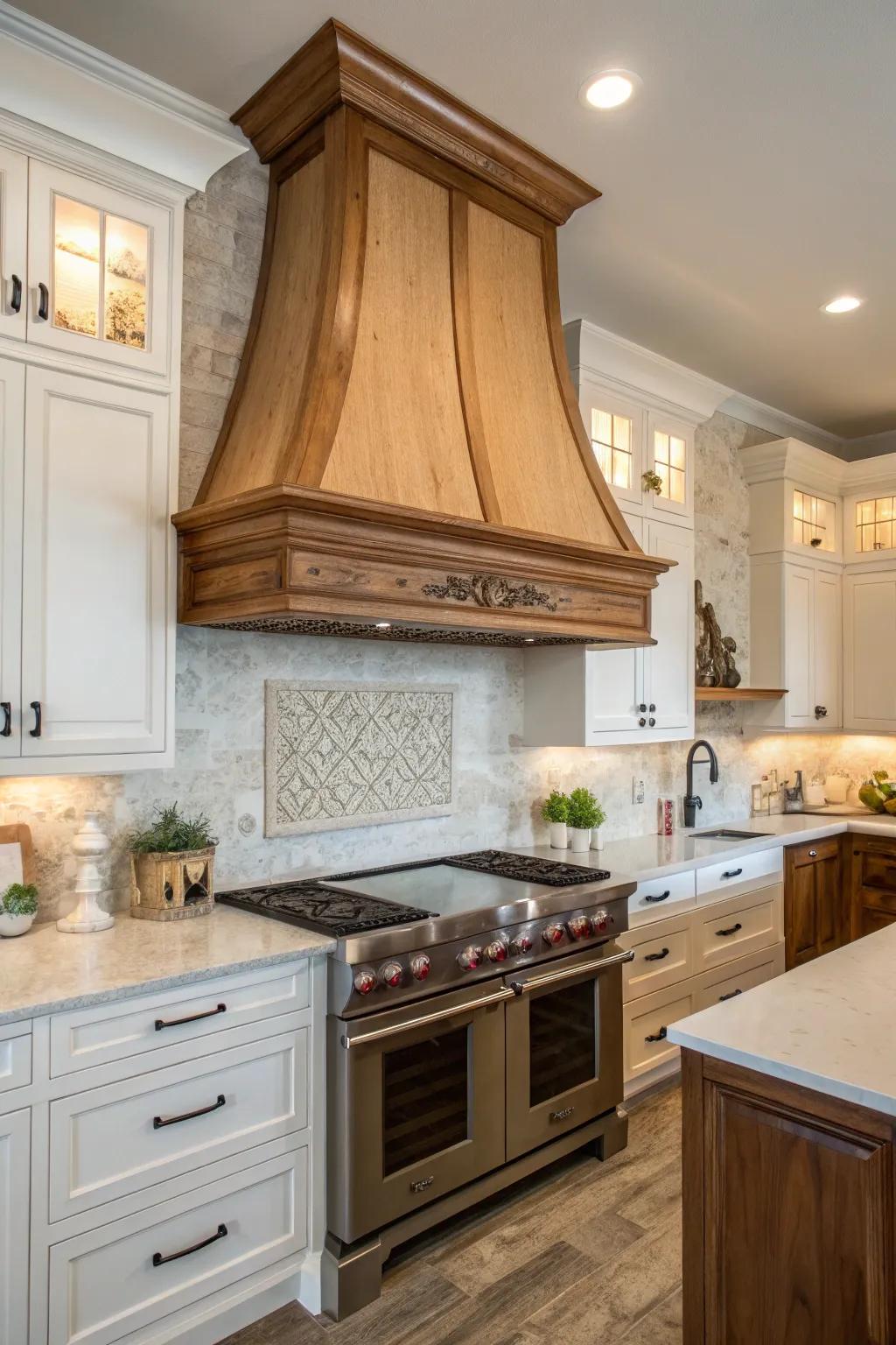 Accent timber border introduces dimension and comparison to your chimney hood.