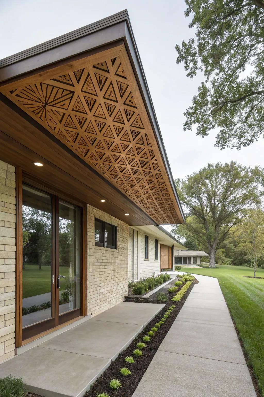 Geometric structures in wood soffits adding artistic flair.