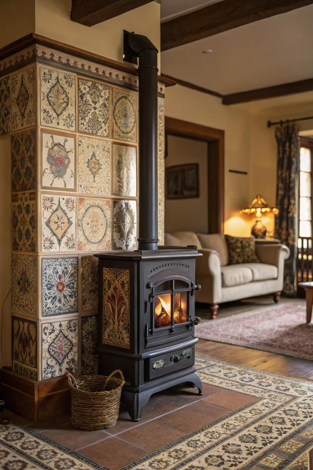 Victorian-style tiles add classic charm to any wood stove backdrop.