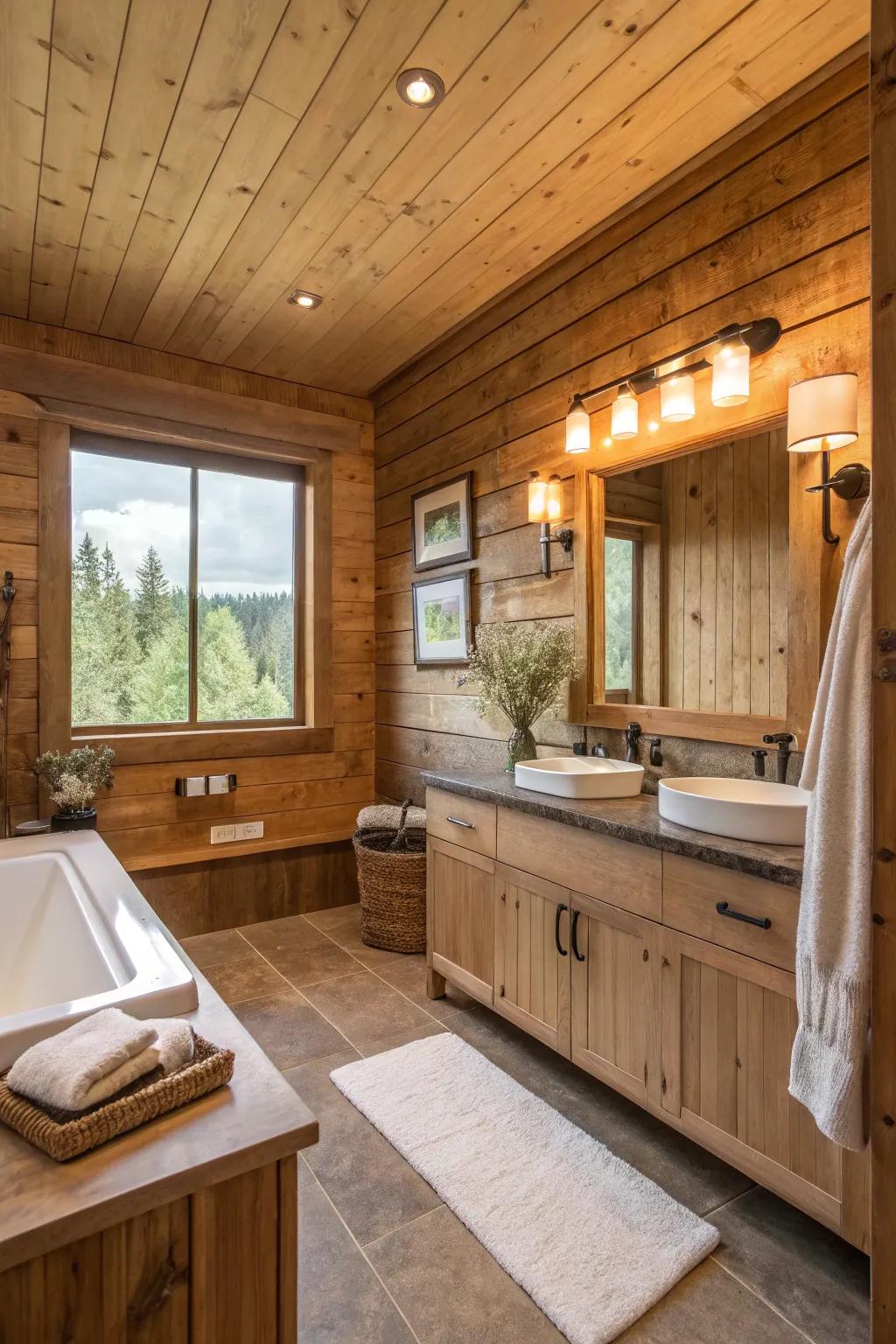 Ground tones enhance the warmth of wood walls in this bathroom.