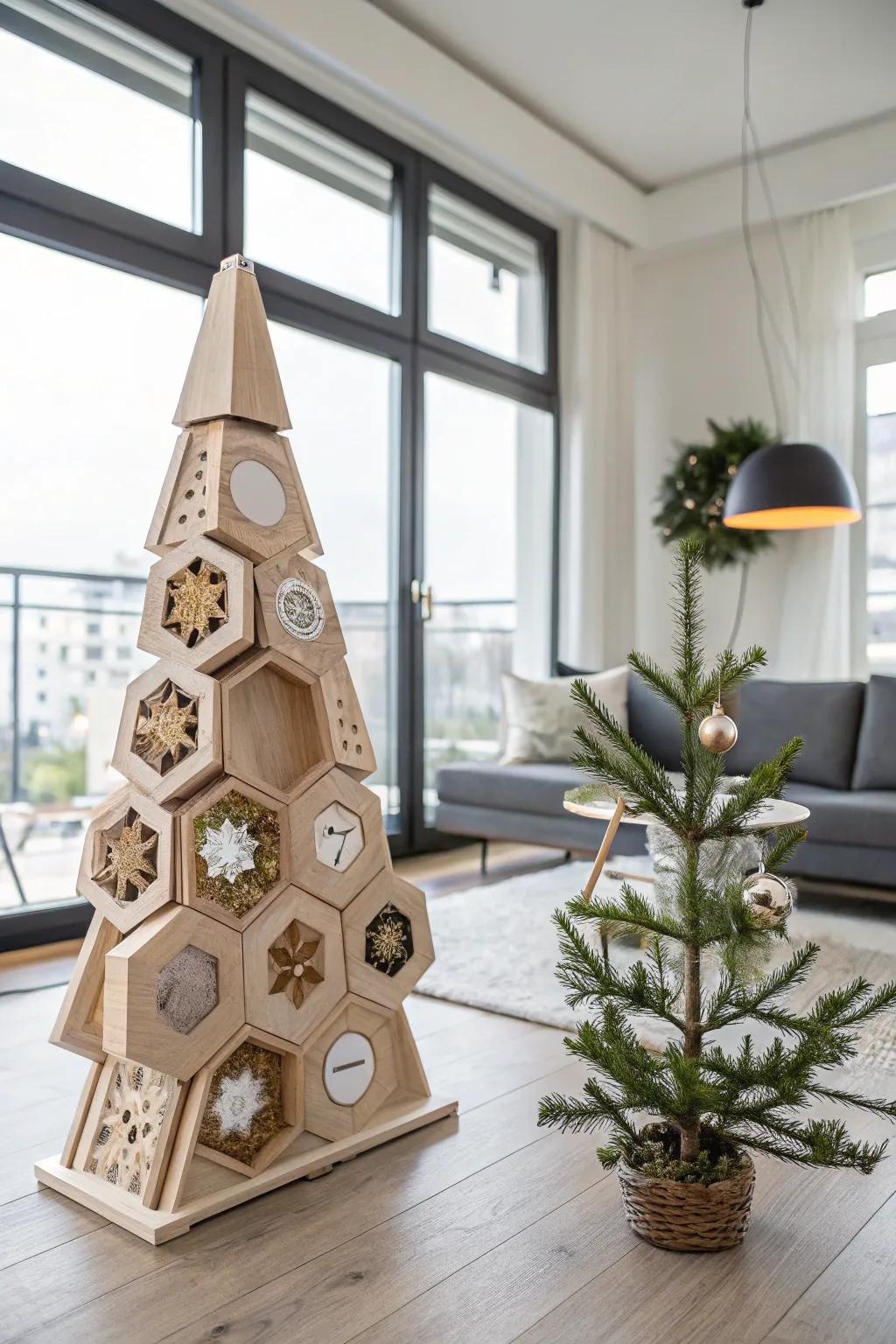 A geometric tree that integrates modern layout with festive spirit.