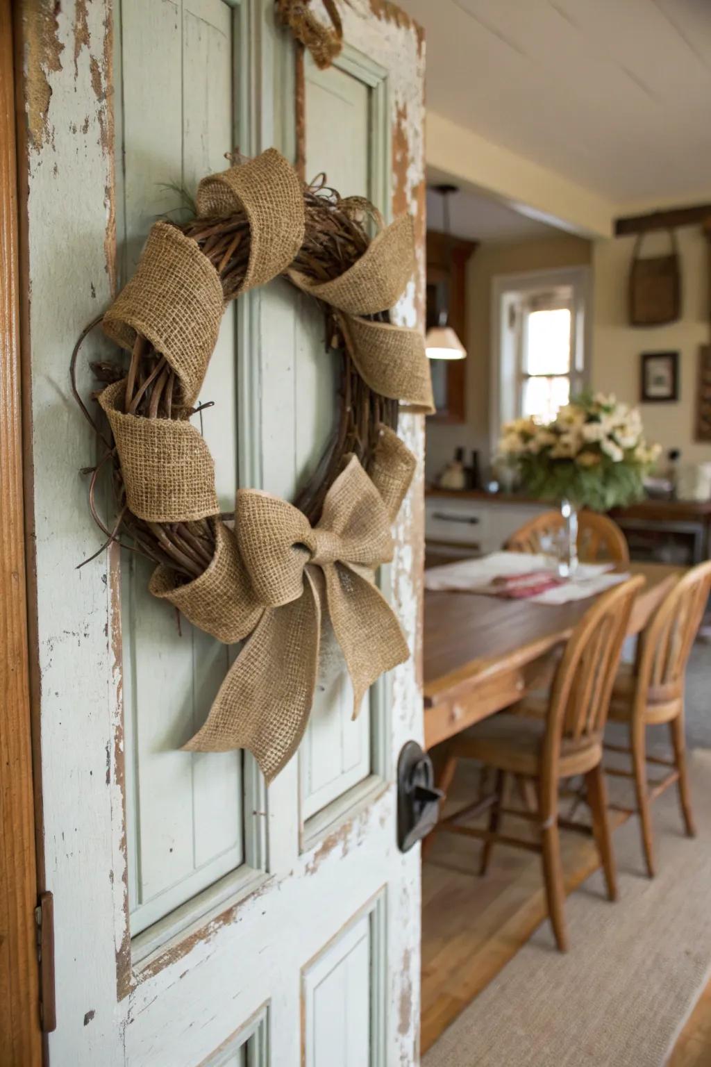 A wreath extending a welcome with rustic warmth.