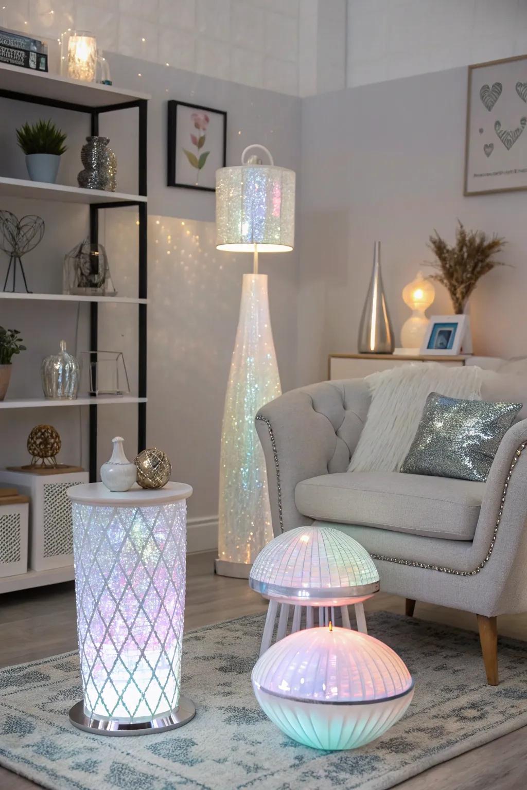 Holographic accents add a futuristic flair to your room.