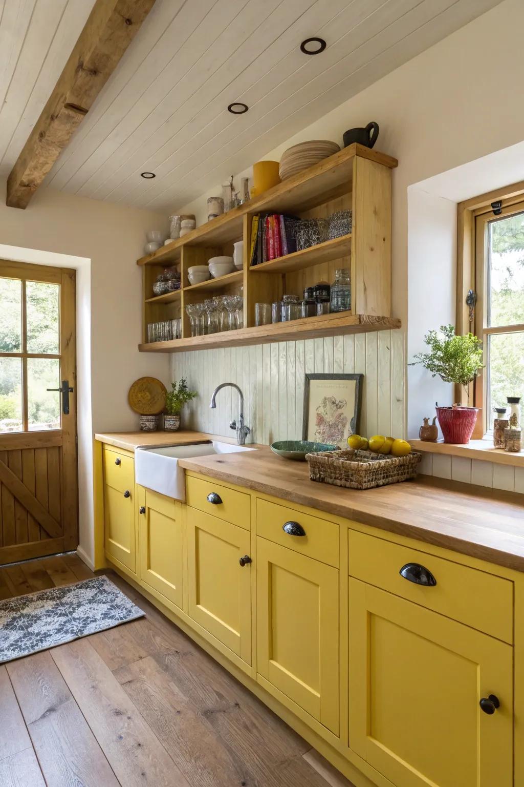 Natural warmth with yellow and wood elements.