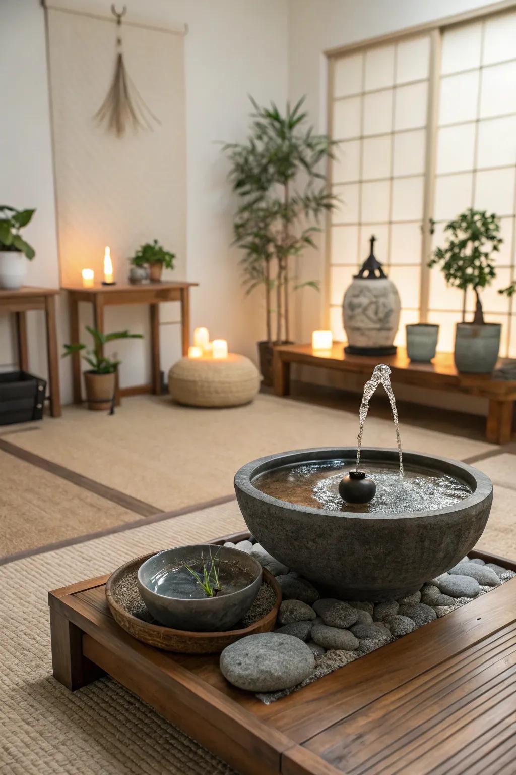 A water feature adds a soothing auditory element.