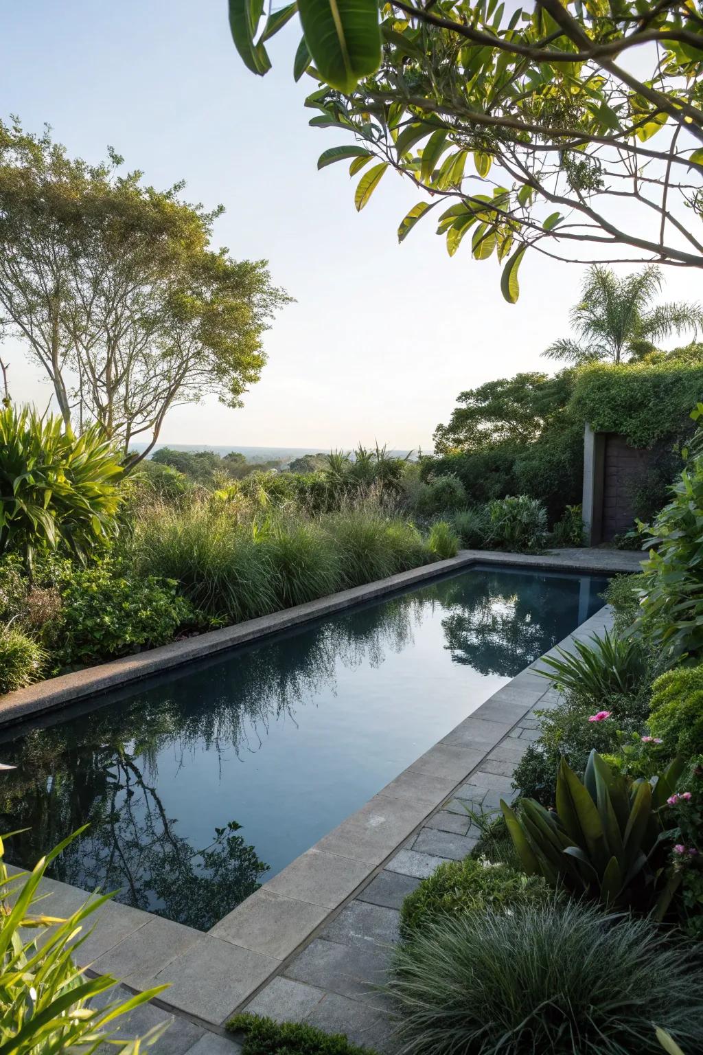 A tranquil mirror pool adding elegance to the garden.