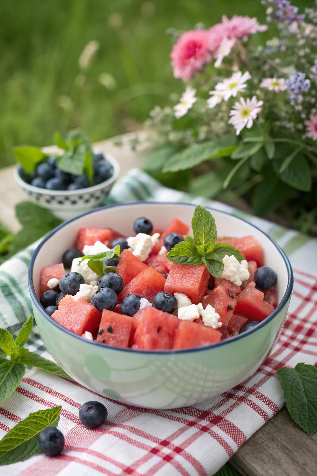A red, white, and blue salad contributes an invigorating stroke to your Fourth of July picnic.