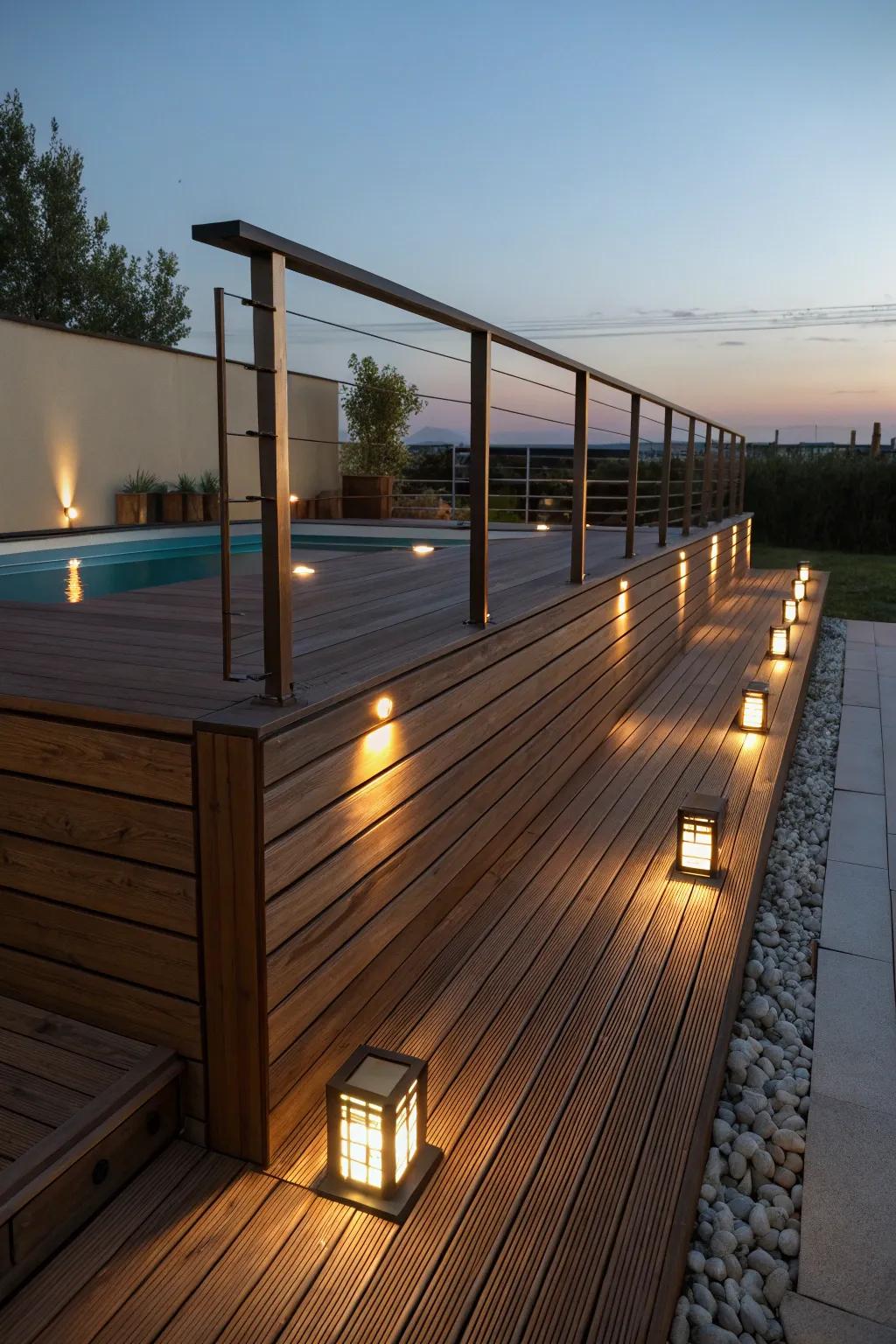 Illuminate your evenings with eco-friendly elegance using sun powered lights on your deck.