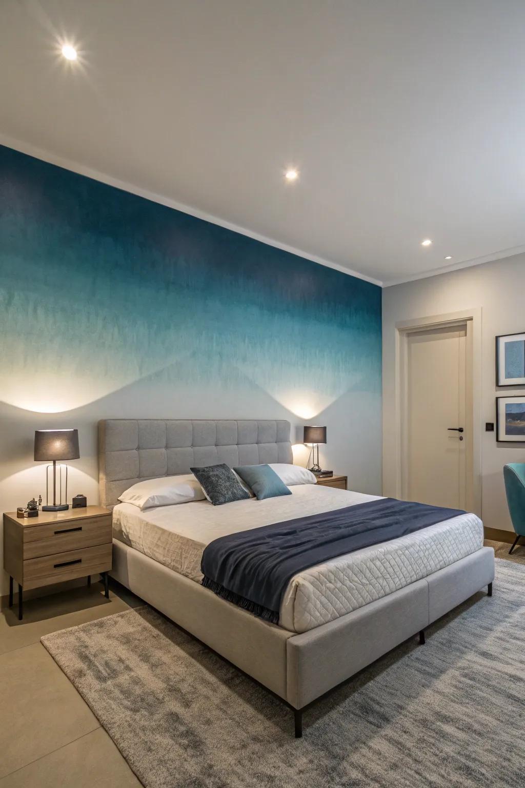 Fading color effects on the accent wall give active depth to the room.