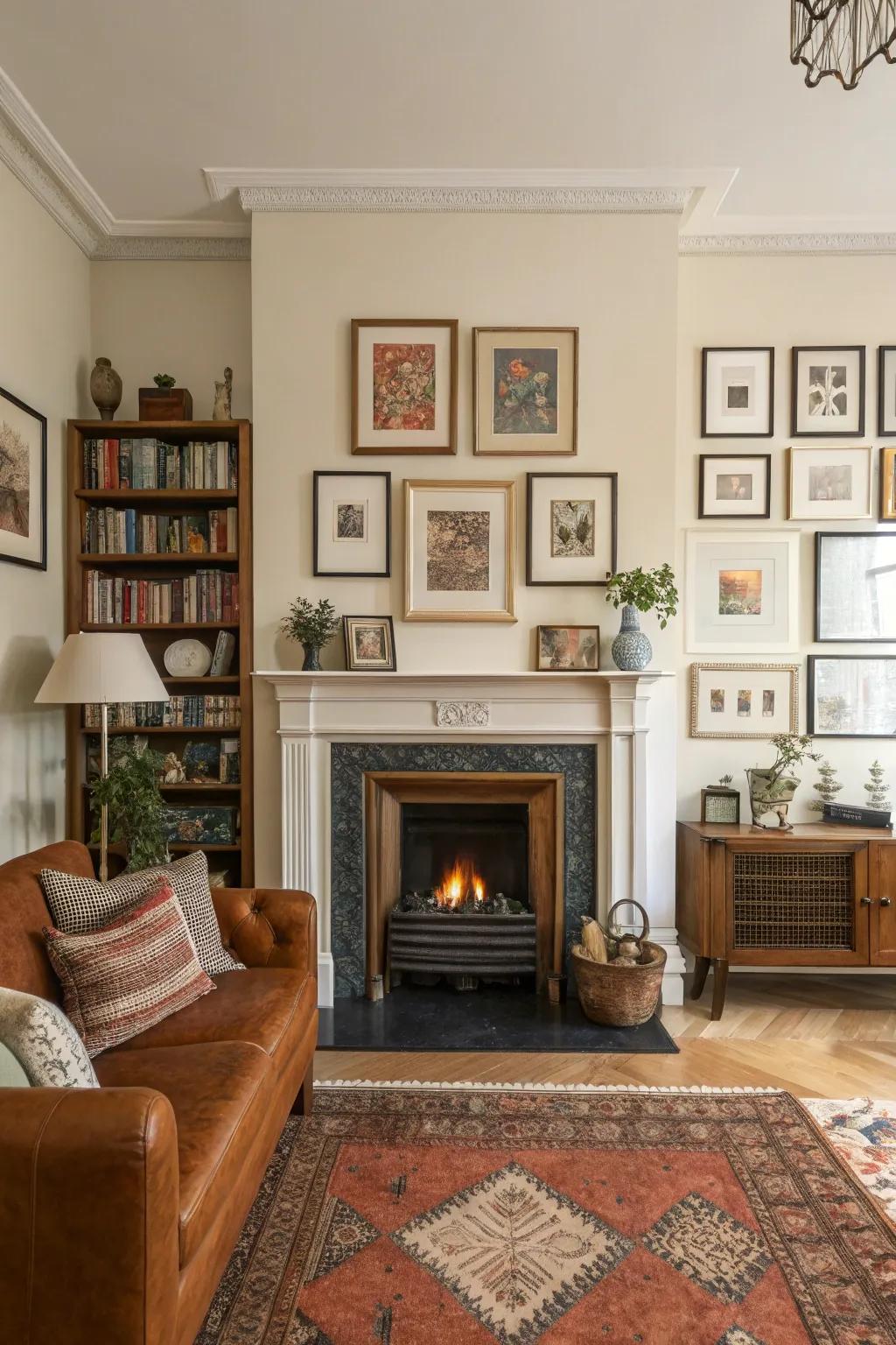 A curated display transforms the fireplace into a personalized art feature.