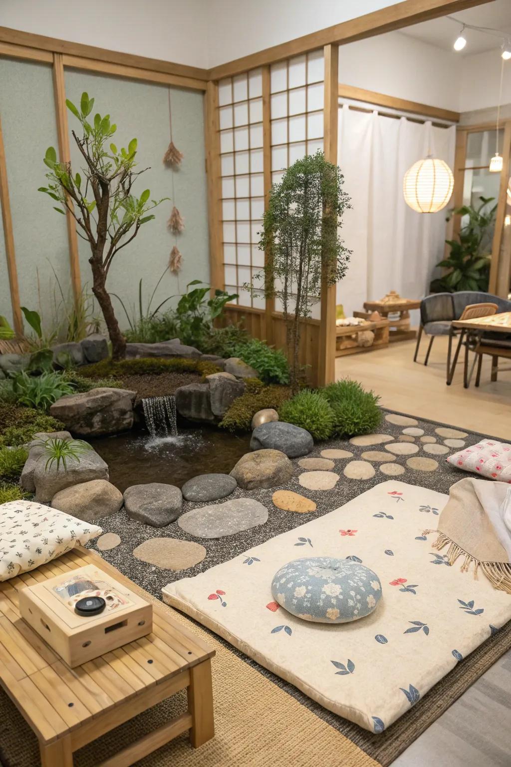 A zen garden sanctuary allures attentiveness.
