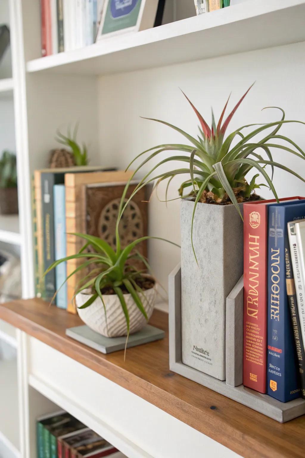 Air plants presented as bookends provide a practical and attractive detail.