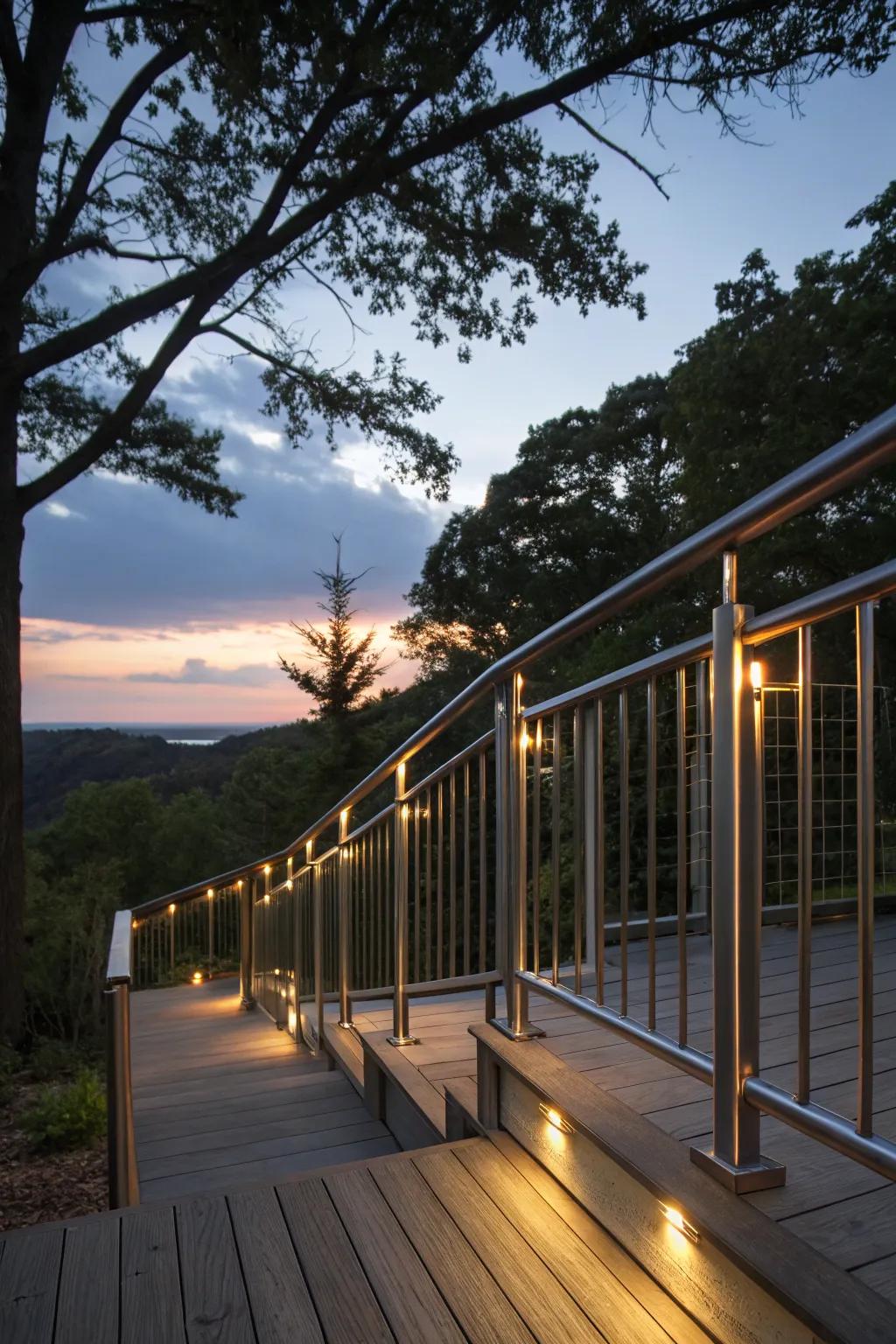 Aluminum railings with luminescence creating a magical evening ambiance.