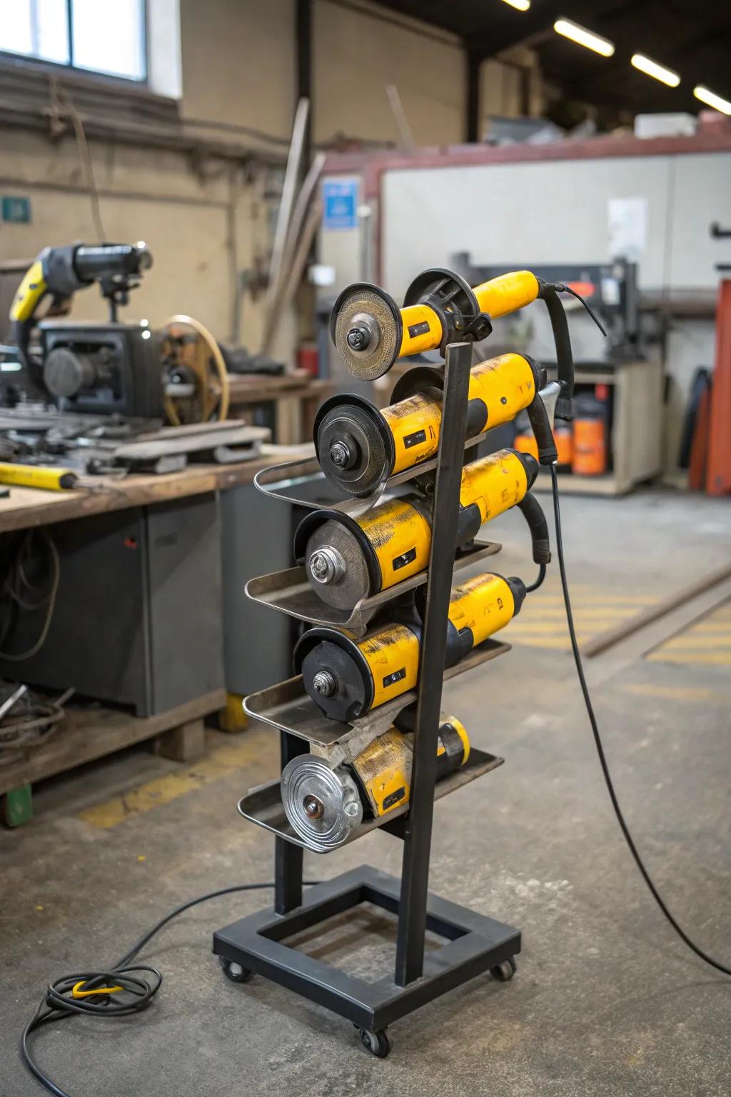 Portable free-standing metal stand for arranged angle grinder storing.