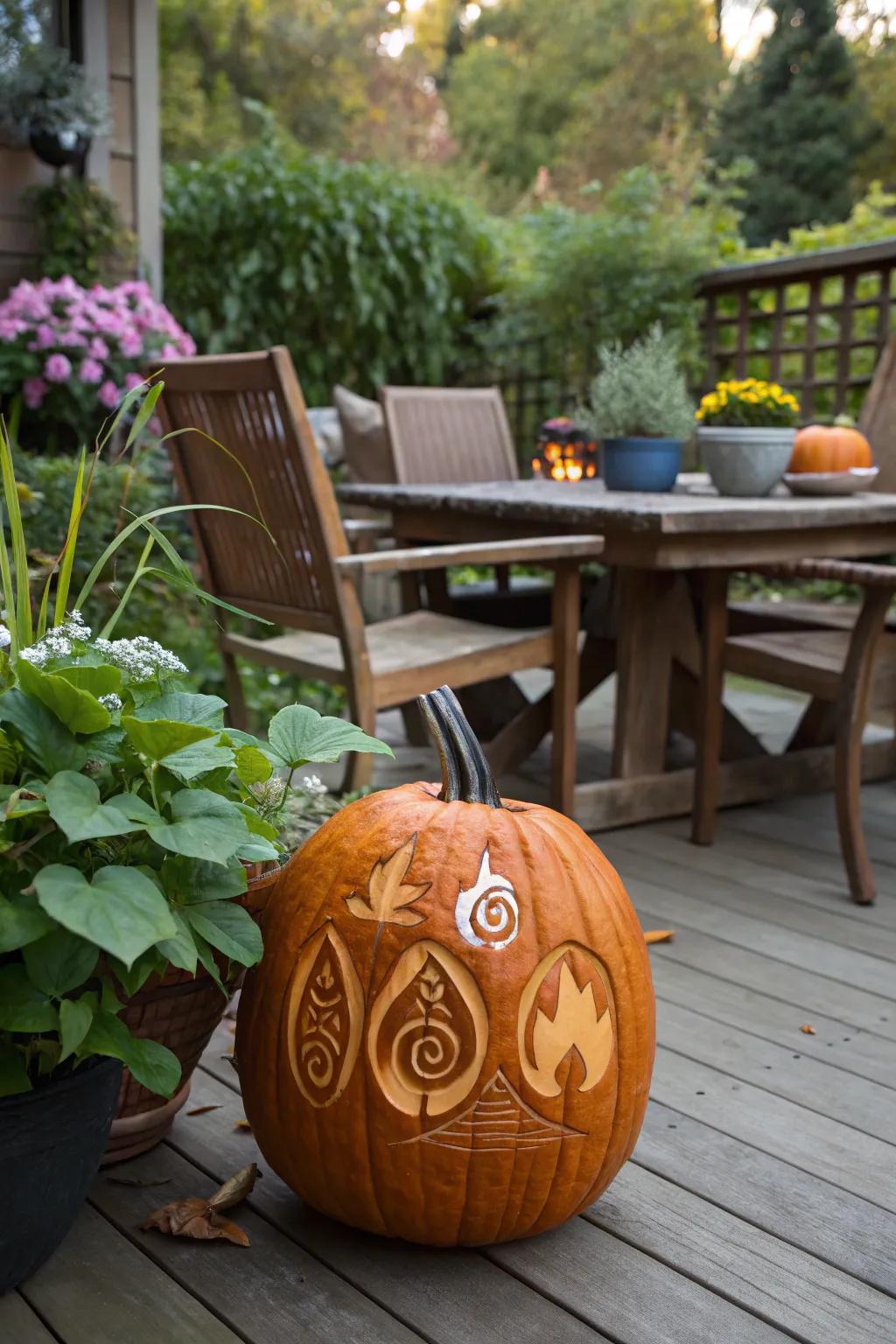 Include a mystical aspect with elemental anime symbol pumpkins.
