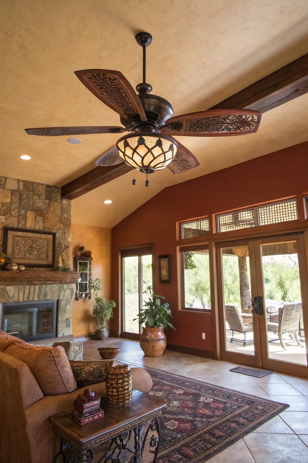 A ceiling fan serves both a practical and decorative role in an Arizona room.