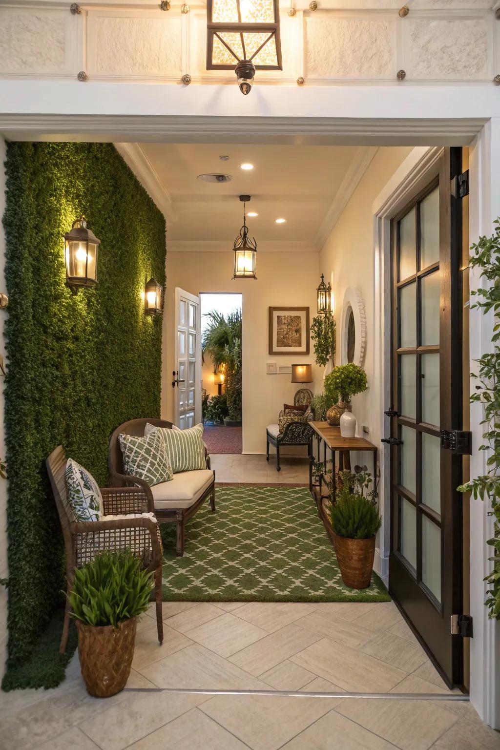 An inviting entryway enhanced by a rich artificial grass wall.