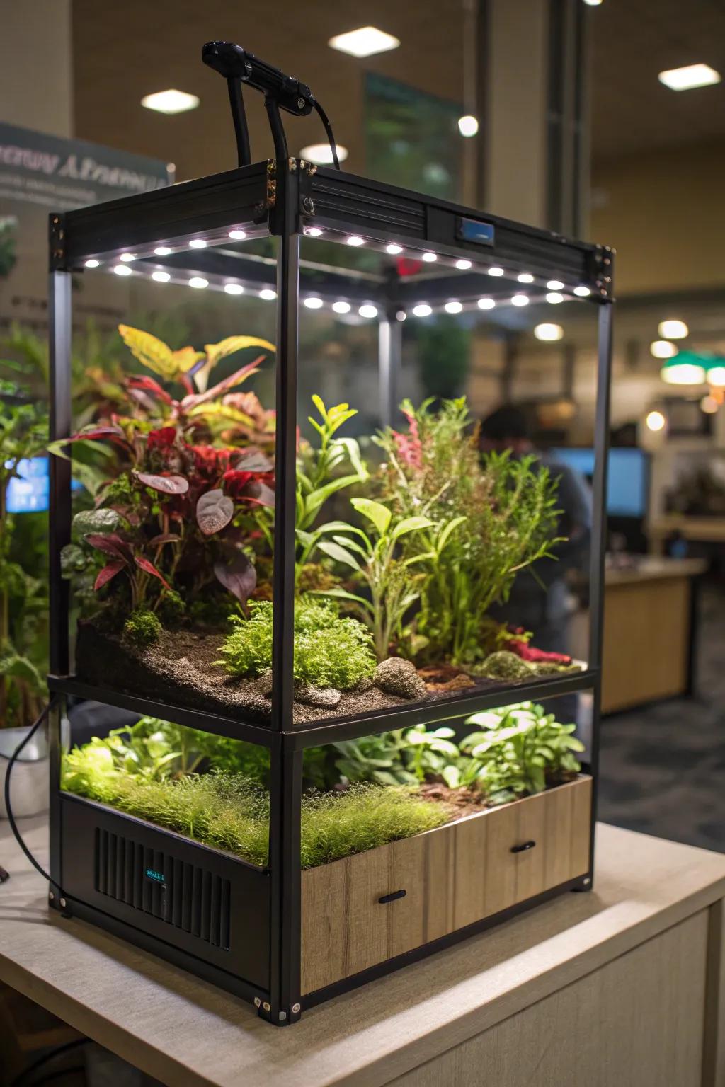 An aquarium-style plant enclosure, lit by grow lights, exuding a modern art atmosphere.
