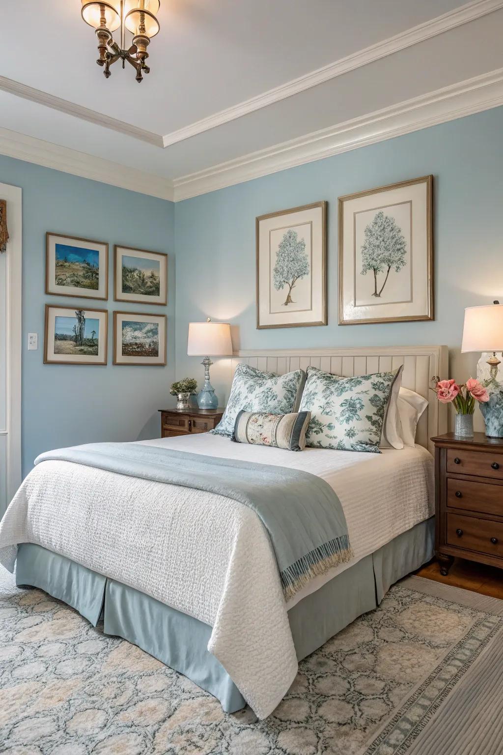 Artwork adds a personal touch to a serene pale sky bedroom.