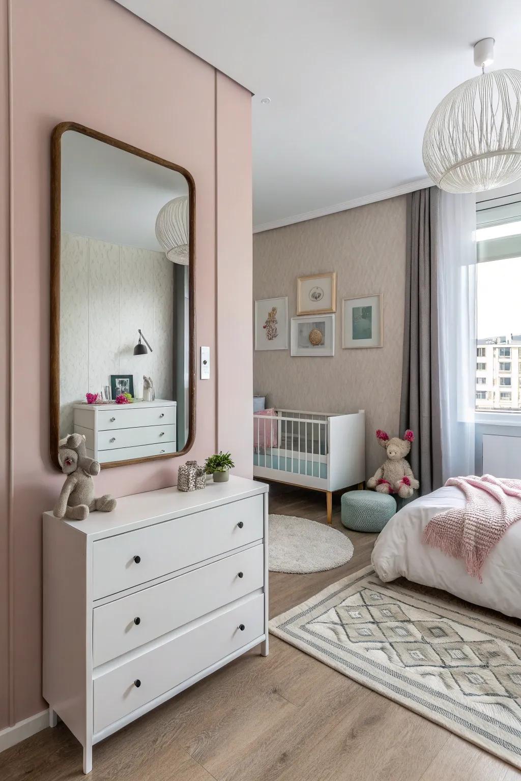 Mirrors can improve the sense of area and light in a small nursery space.