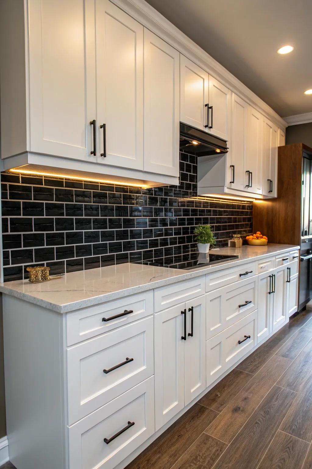 Dark backsplash enhances bold contrast and depth
