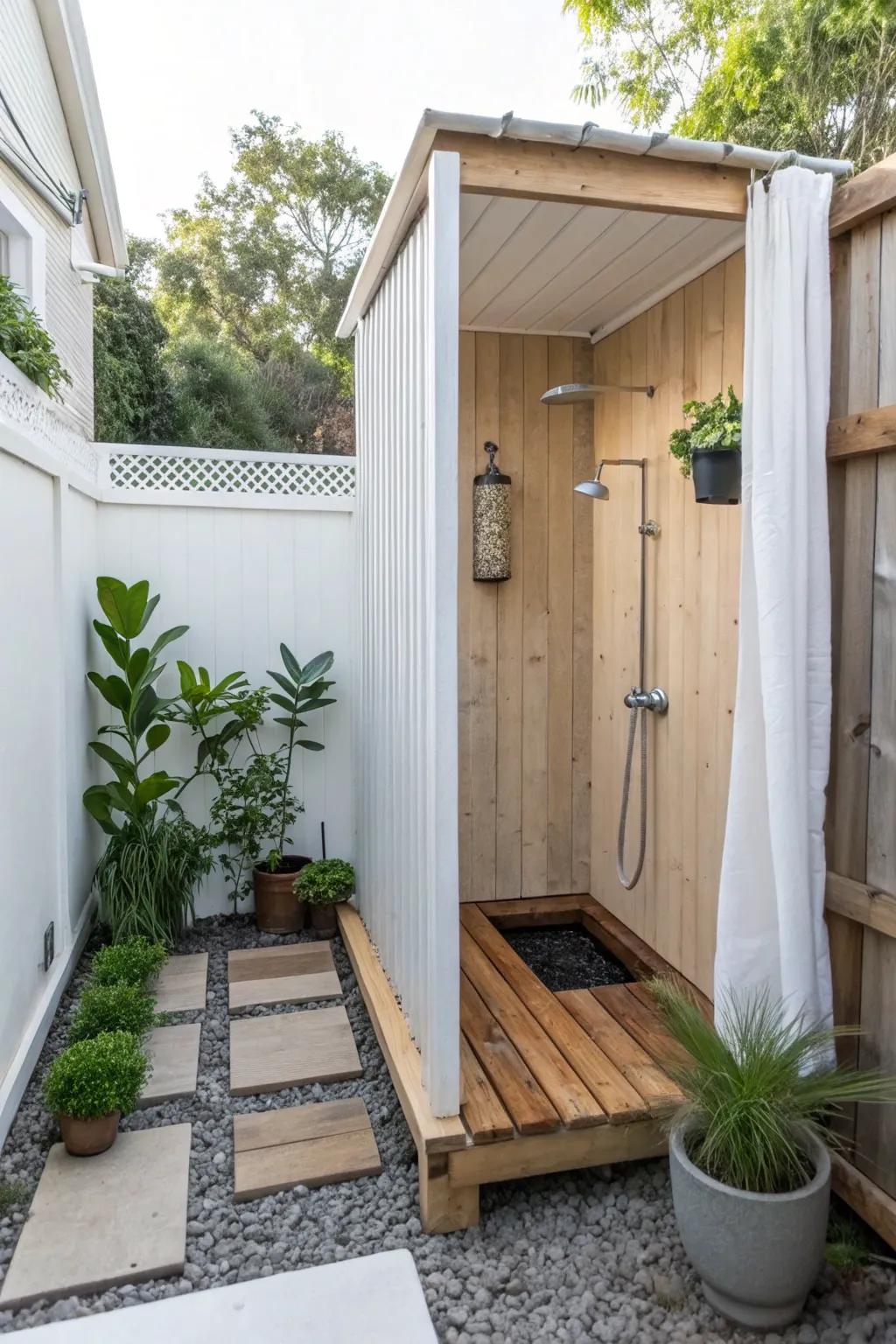 A chic, compact outdoor rinsing station perfect for small spaces.