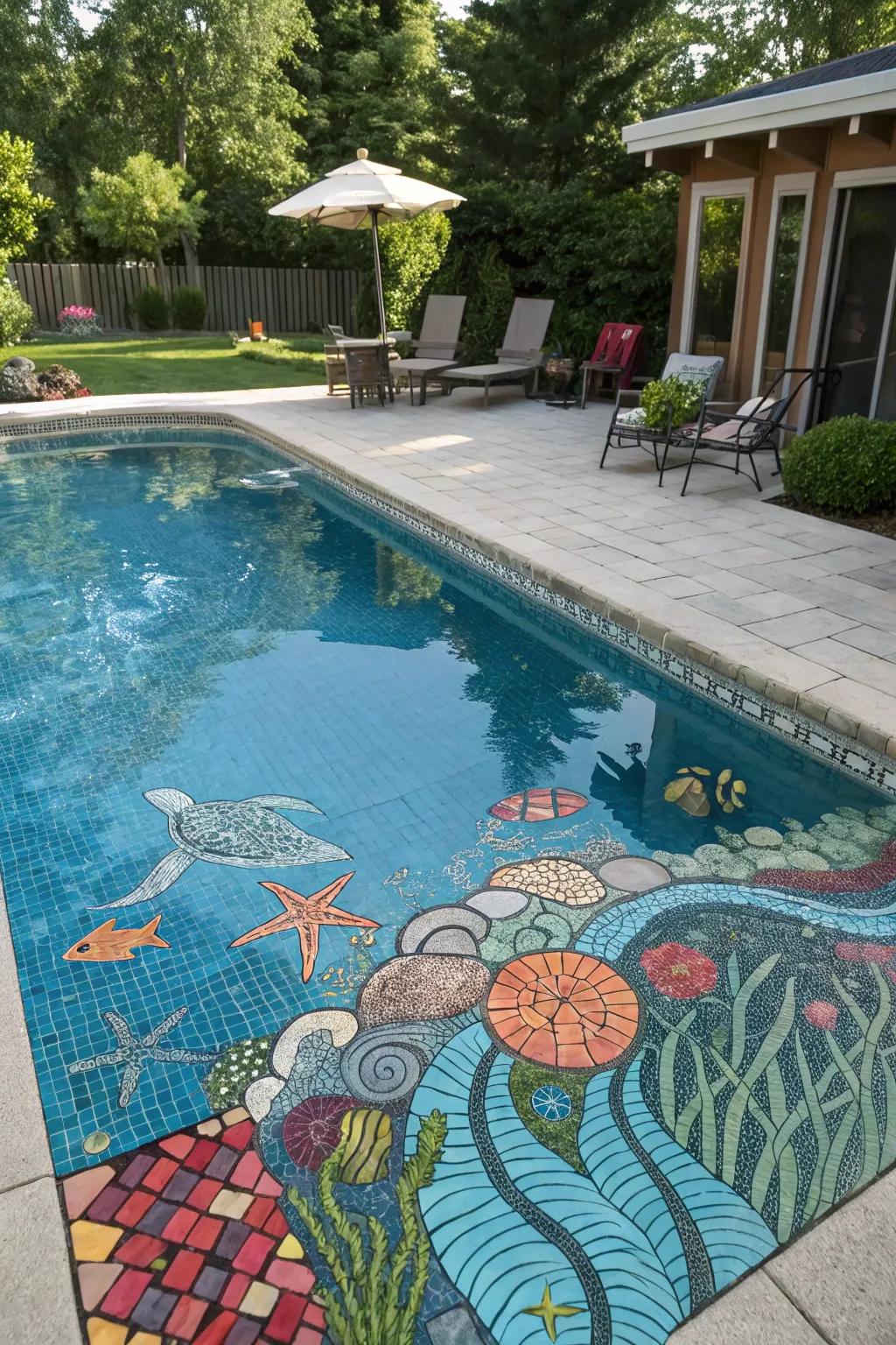 A pool enhanced with captivating underwater mosaic art.