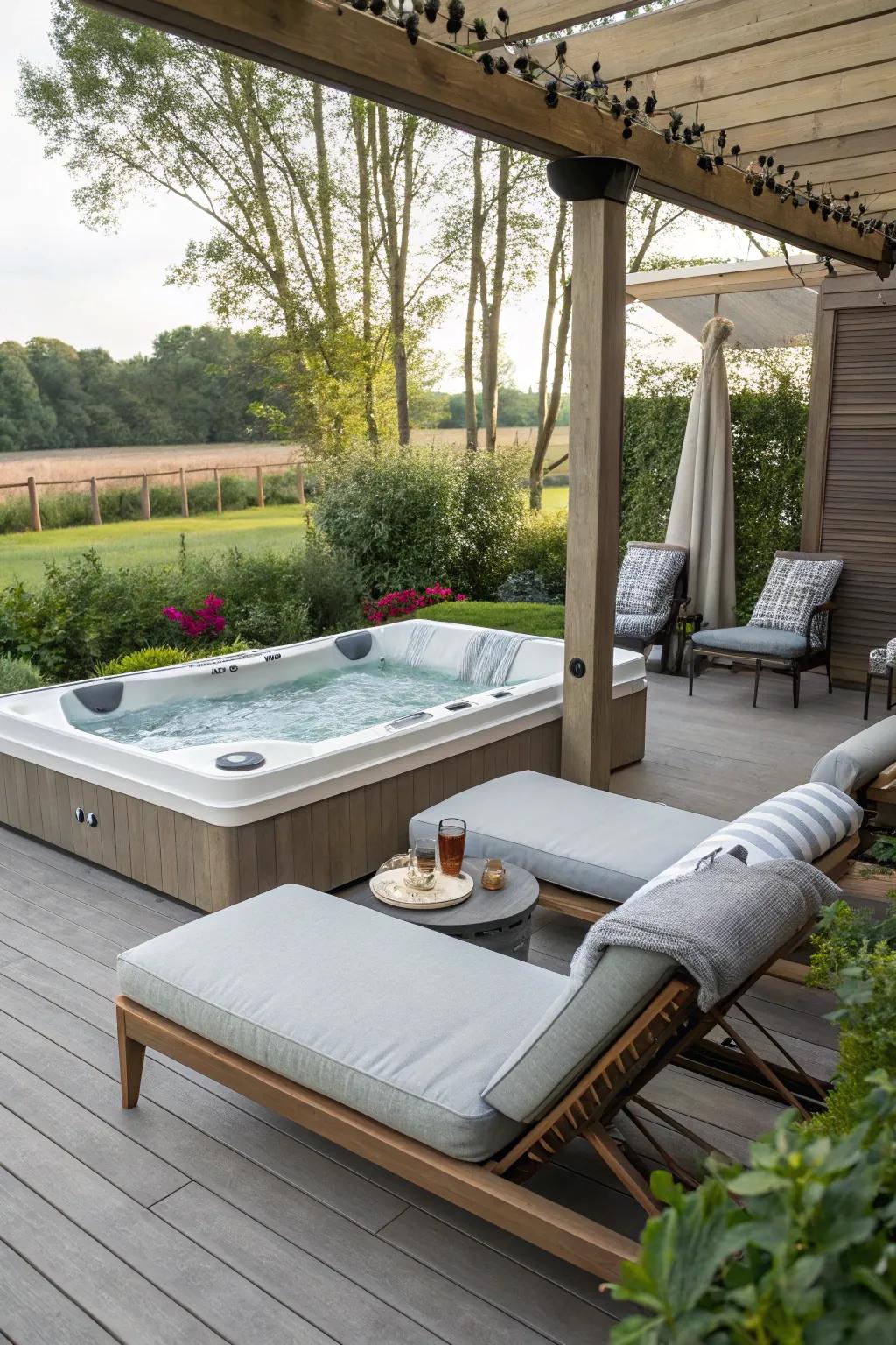 A dedicated relaxing space gives a unwinding hideaway beside your swim spa.