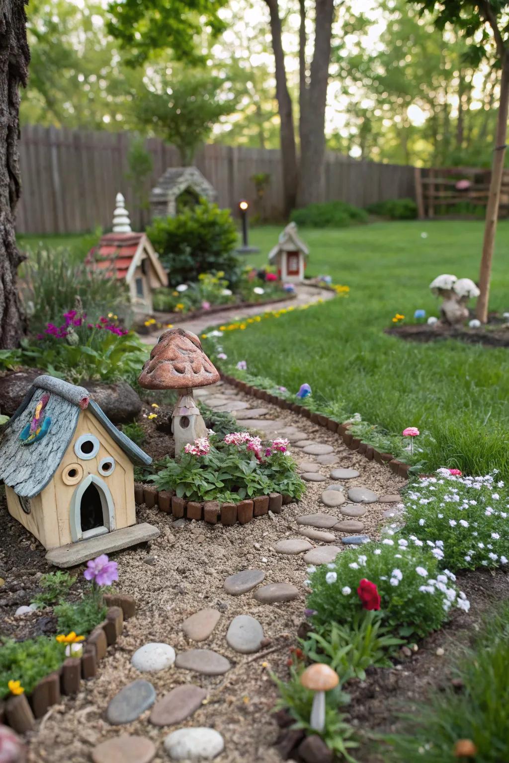 A whimsical fairy garden with tiny houses lining a backyard trail.