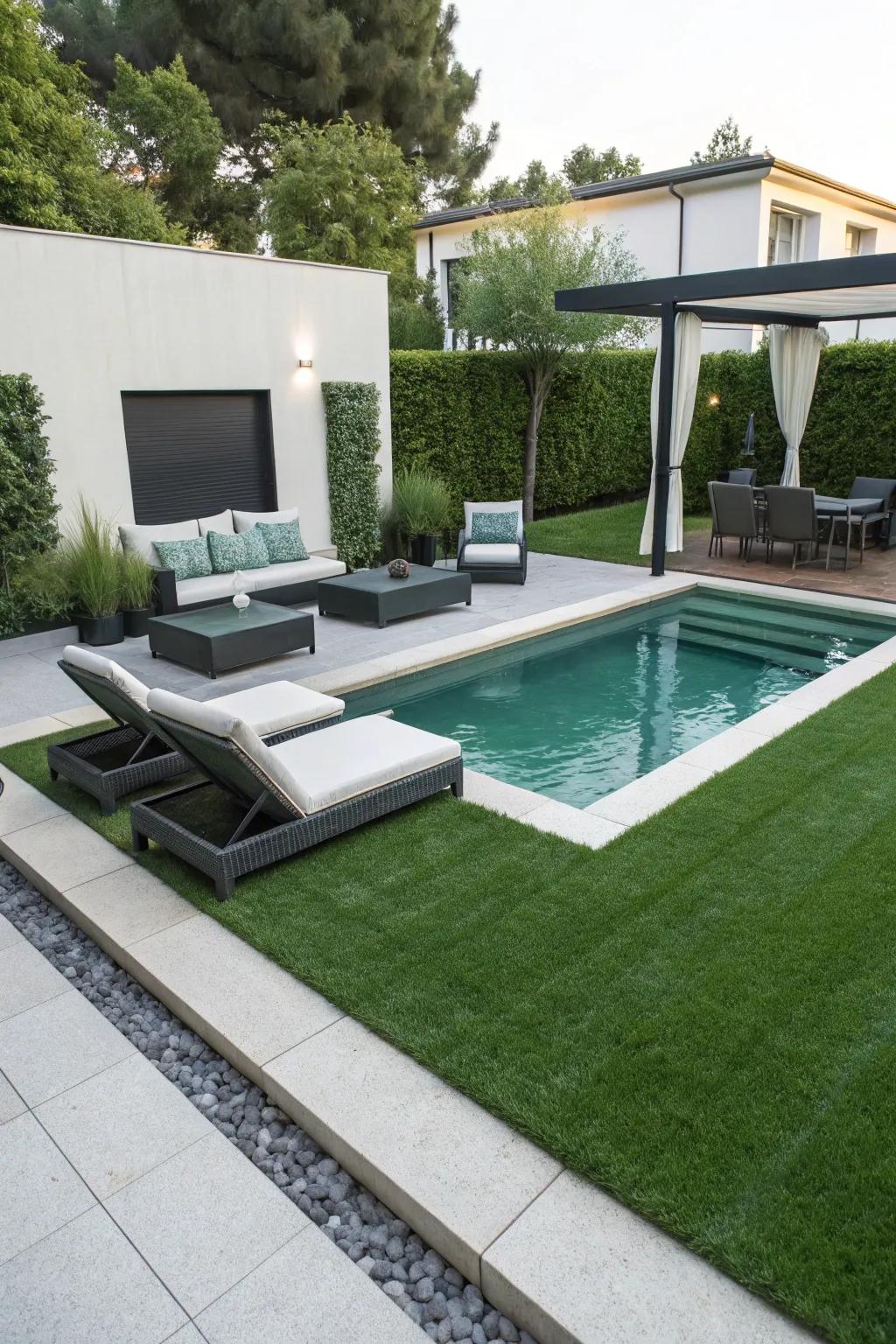 Synthetic grass offers a rich, low-upkeep look surrounding the pool.