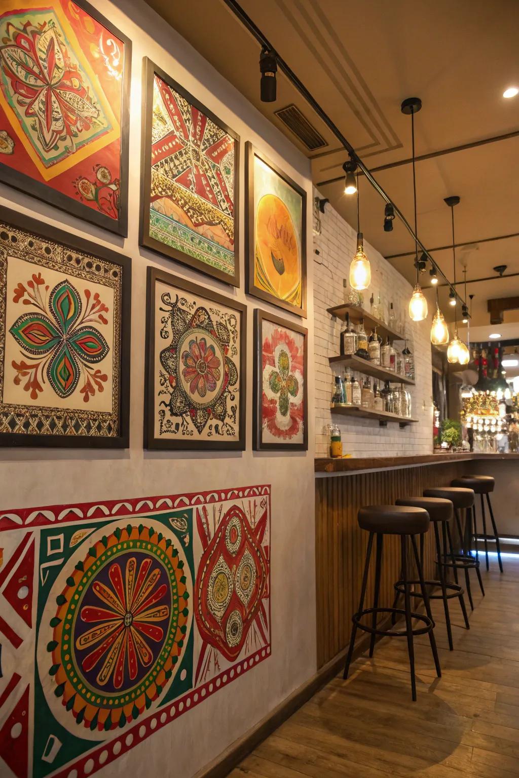Art reflecting cultural heritage enriches your bar with international stories.