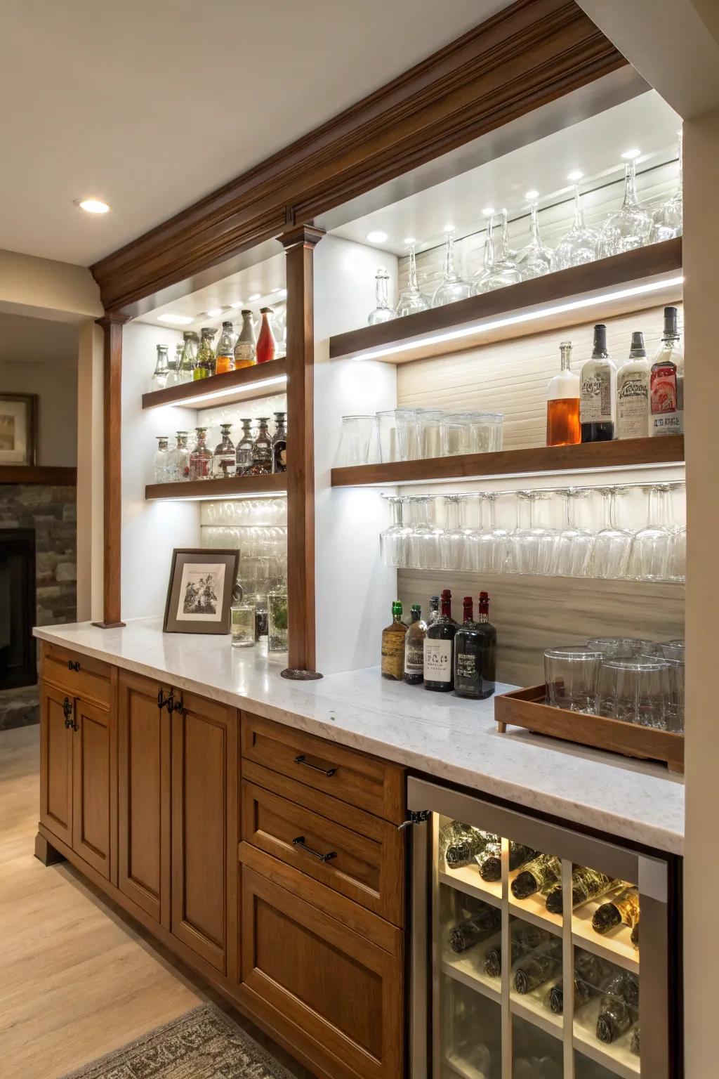 Beneath-cabinet boards enhance bar storage.