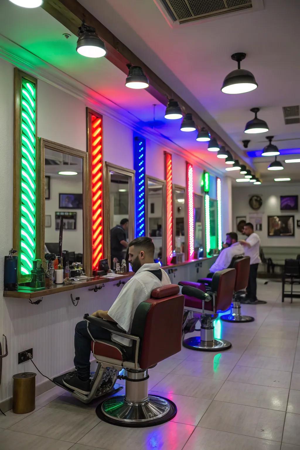 A playful and vivid barbershop enhanced by dynamic LED lighting.