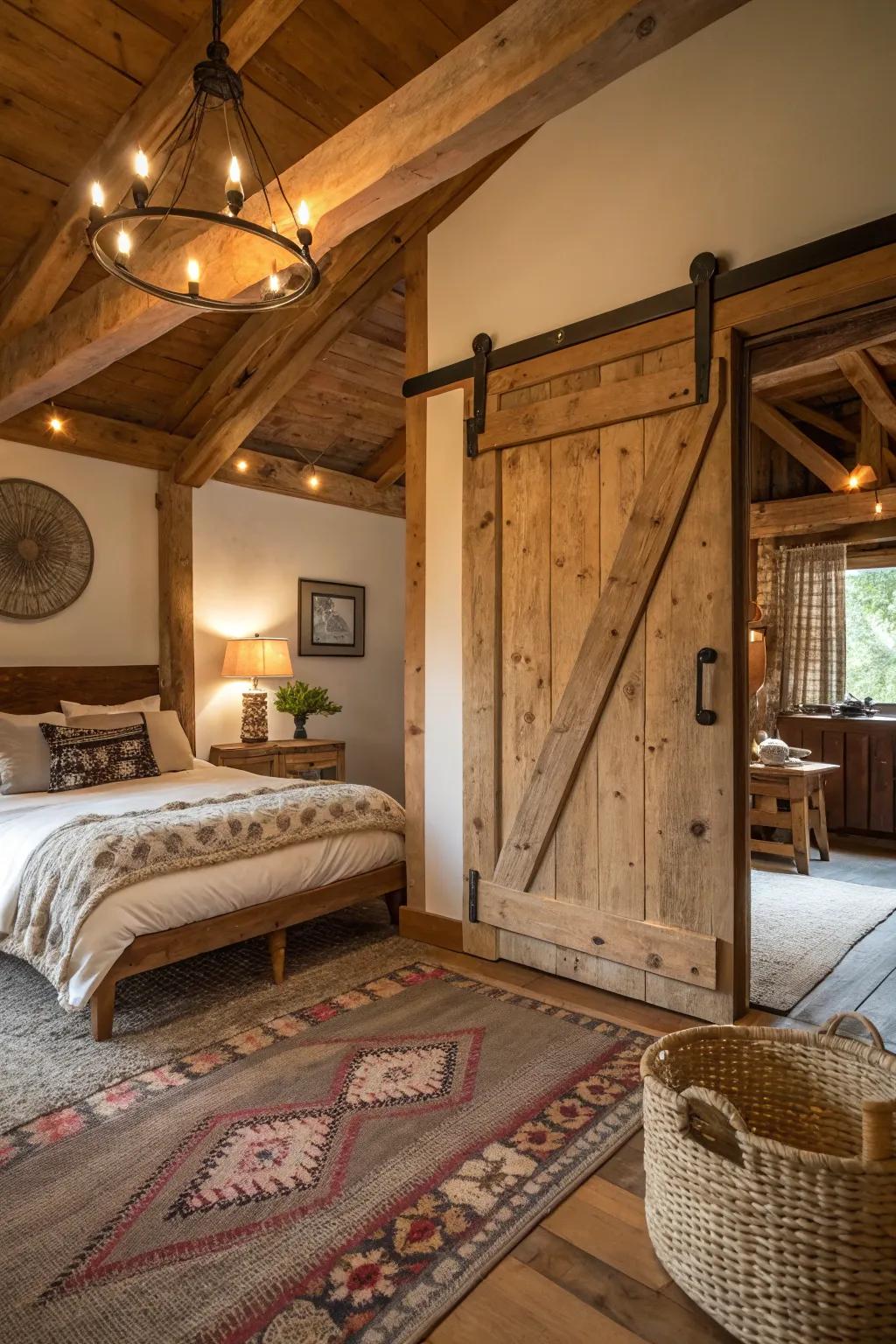 Revealed supports highlight the country-inspired allure of the gate in this bedroom.