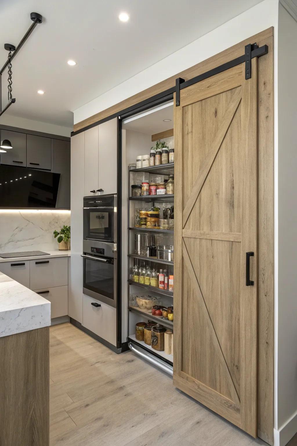 A modern kitchen featuring an innovative sliding mechanism for the barn door pantry.