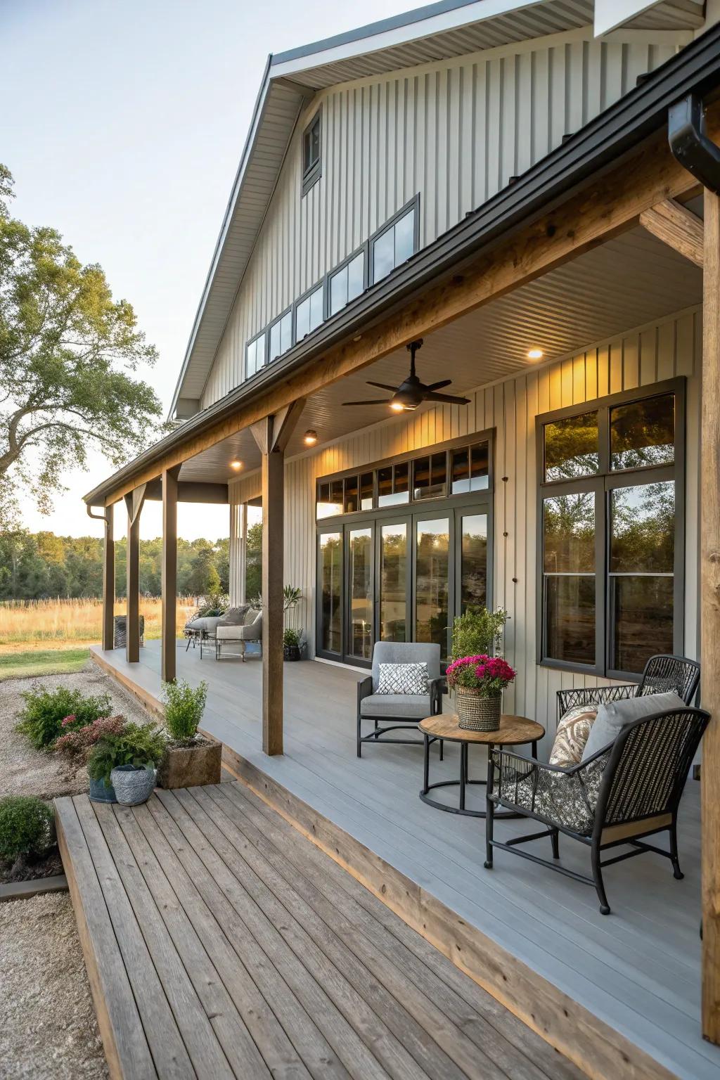 This barndominium has a delightful full-house outdoor deck that's ideal for enjoying the outdoors.