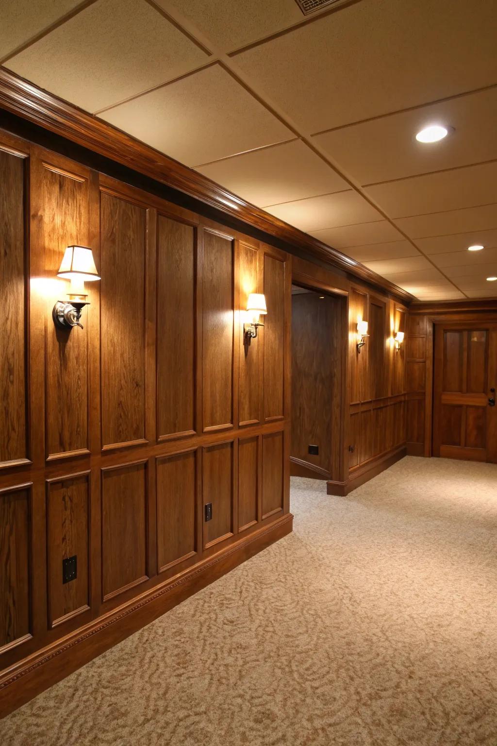 Basement lighting is enhanced by layered lighting, which also accentuates paneling.