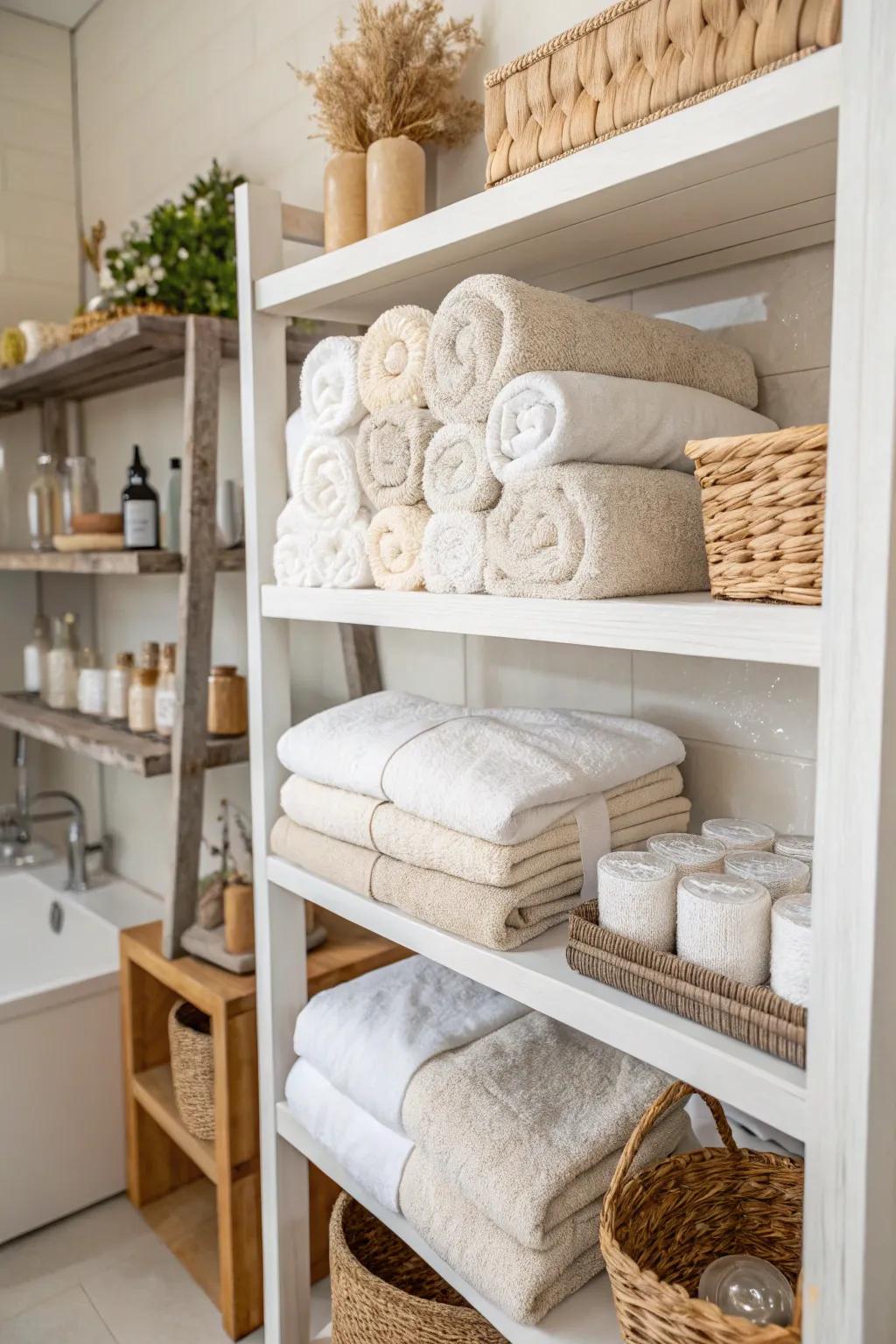 Plush towels and neutral tones creating a spa-like vibe.