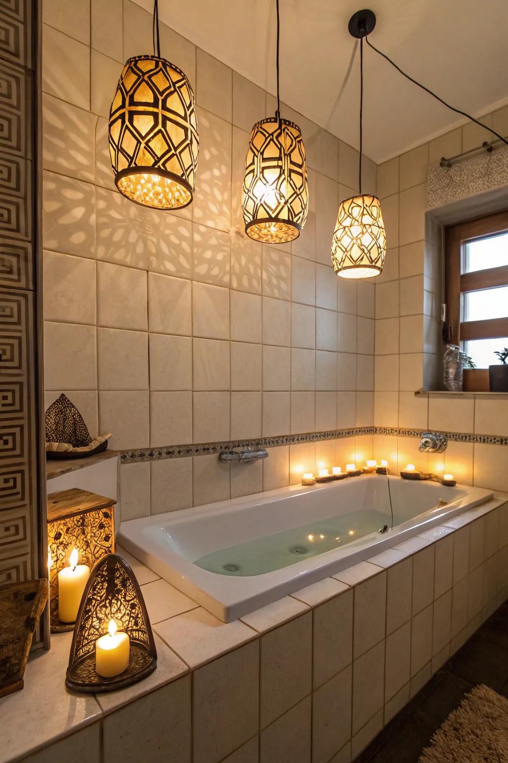 Innovative lighting enhances the atmosphere surrounding the bathtub.