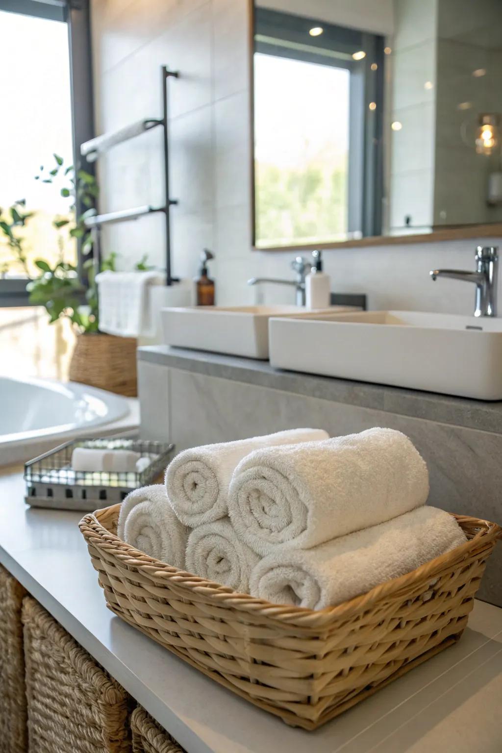 Add a cozy feel by using rolled towels in baskets.