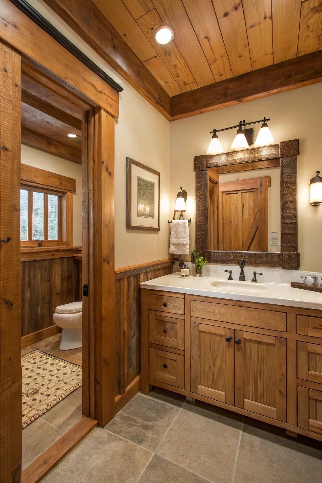 Wood trim brings warmth and rustic charm to the bathroom.
