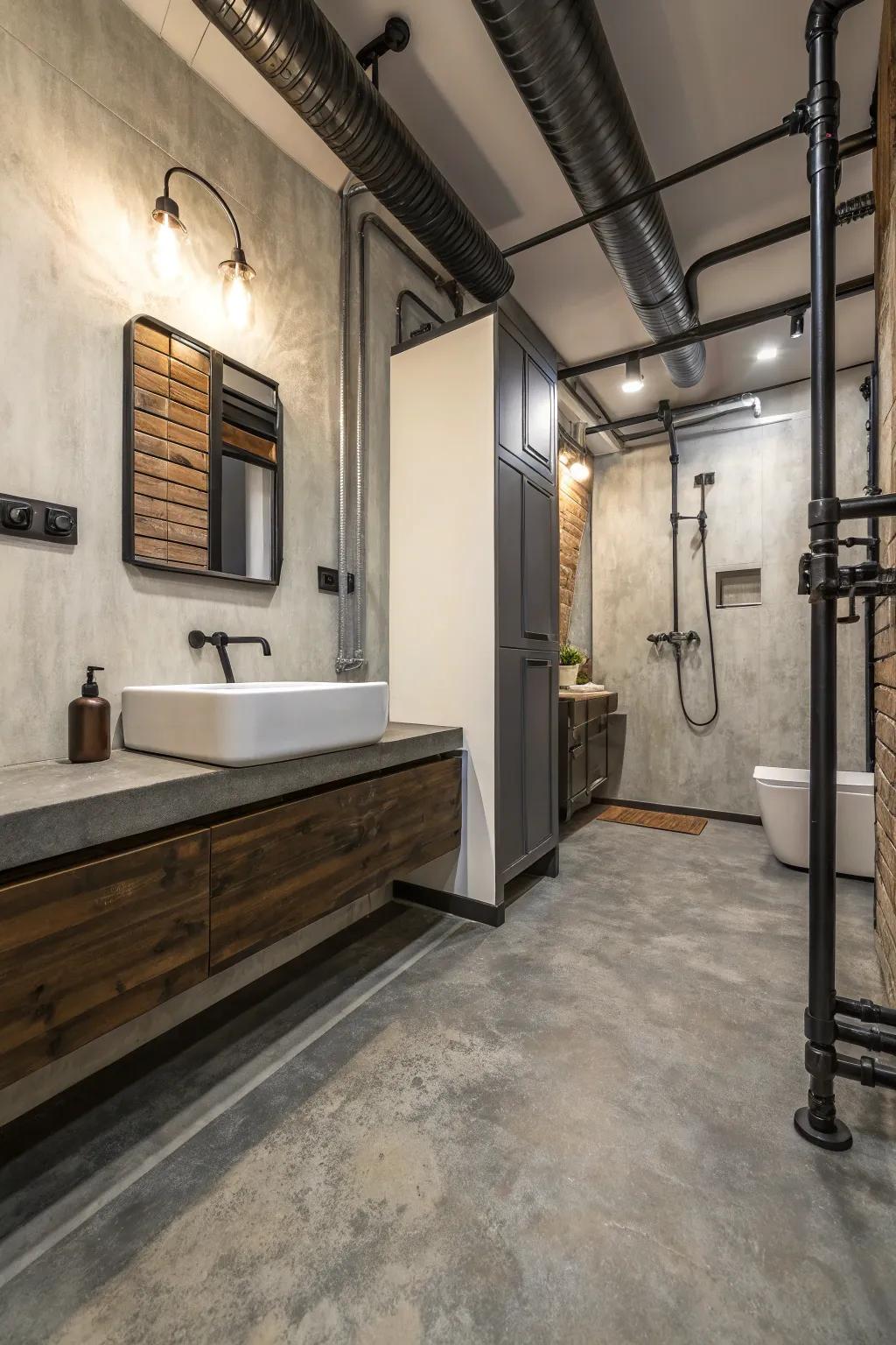 Hard surface-look floor covering adds an industrial edge to this modern bathroom.