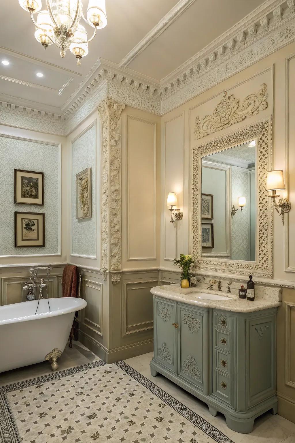 Wall edging contributes structural interest to restroom walls.