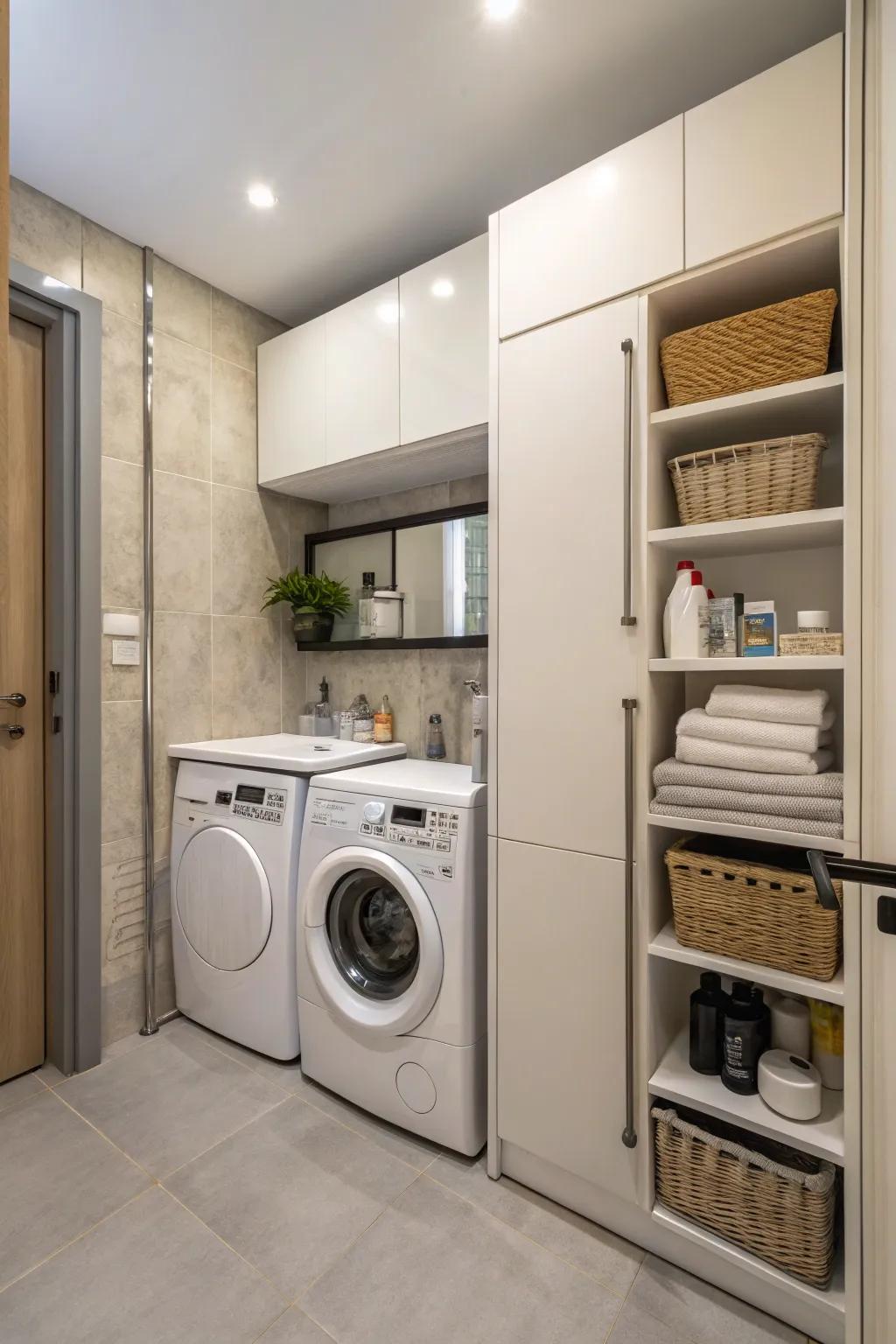 A compact design that cleverly incorporates laundry appliances, optimizing every inch.