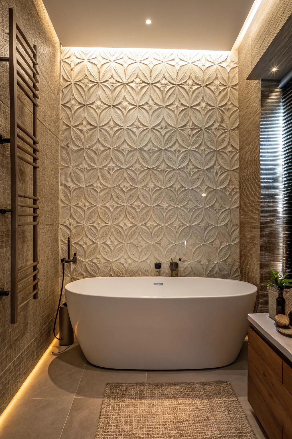 Layered tiles establish a visually intriguing backdrop for the bathtub.